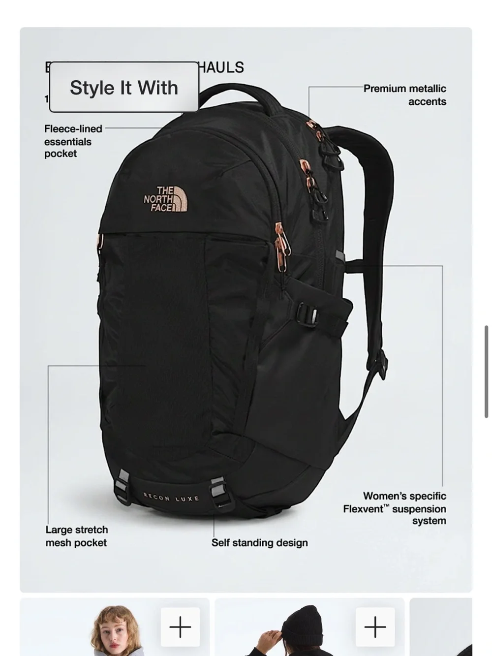 The North Face Black Recon Luxe Backpack with Subtle Rose Gold metallic Accents